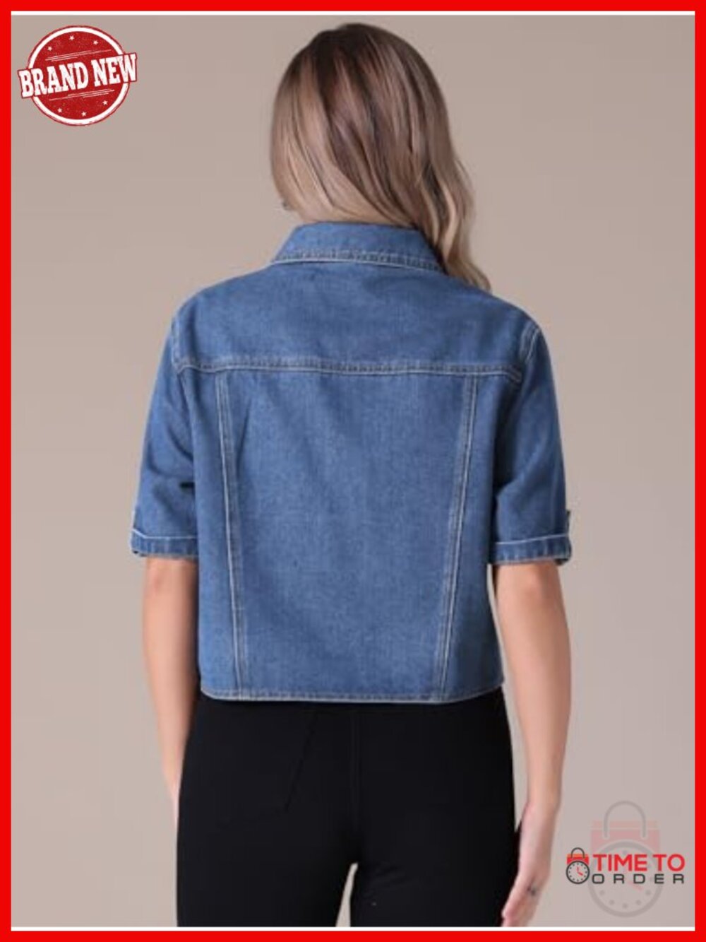 Cropped Button Up Denim Jacket Short Sleeve Jean Jacket Women's Casual - Picture 3 of 6
